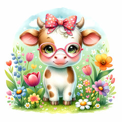 Cute cow wearing glasses with bow, spring flowers, digital kids illustration