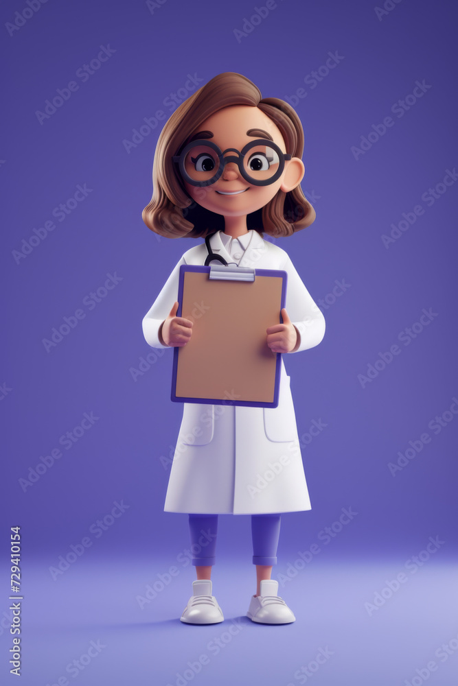 Wall mural Cartoon character young caucasian woman doctor holds clipboard with blank page wears glasses and uniform. 