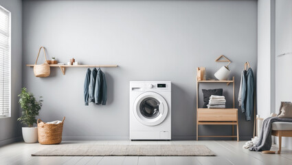 washing machine in a clean room with hud and flying clothes design as wide banner with copy space area - obrazy, fototapety, plakaty