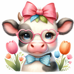 Cute cow wearing glasses with bow, spring flowers, digital illustration