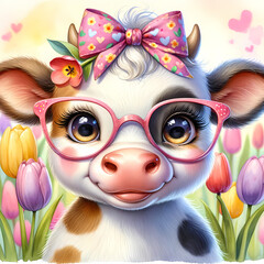 Cute cow wearing glasses with bow, spring flowers, digital children's illustration