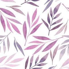 Seamless pattern, lilac tropical leaves on a white background, hand-drawn, pattern pattern. Beautiful background with flying leaves. Template for design, decoration, fabric, wrapping paper, wallpaper.