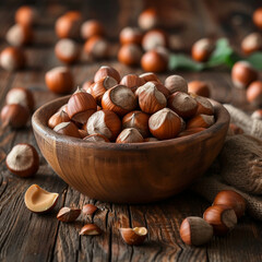 Hazelnuts on wood table epic professional picture.