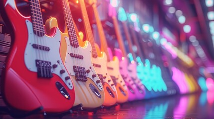 Electric guitars lined up showcasing a vibrant selection in a music store
