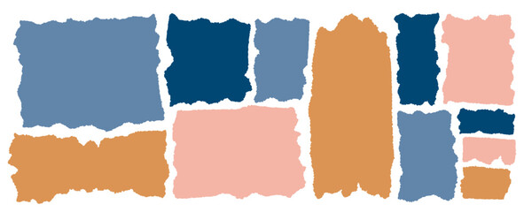 Jagged shapes, ripped paper set. Torn rectangle frames with jagged edges, and textured grunge elements. Silhouettes and vector illustration is isolated in the background. Pastel beige and blue colors