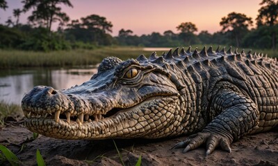 Fototapeta premium Savannah Stealth: African Mature Crocodile in Lakeside Camouflage