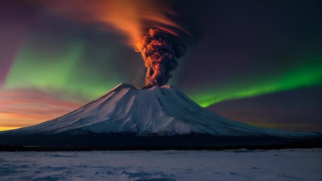 Landscape with an erupting volcano on the background of the aurora borealis. AI