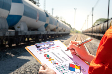 Action of an engineer is checking on chemical hazardous material checklist form with background of train freight tanker for crude oil or chemical cargo. Industrial safety working scene. 