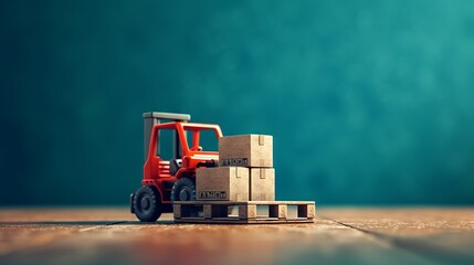 Miniature forklift moving cardboard boxes in an industrial setting with wooden pallets