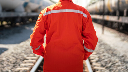 Close-up at back of a worker in safety uniform suit with reflection sight bar, standing on the train locomotive and railway track as background. Ready to working in transportation industrial concept.