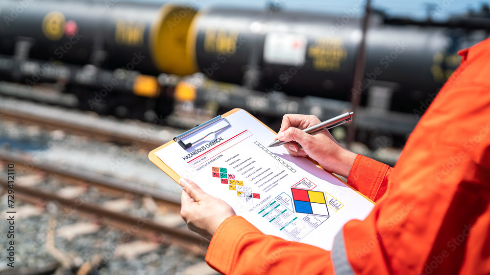 Wall mural action of an engineer is checking on chemical hazardous material checklist form with background of t