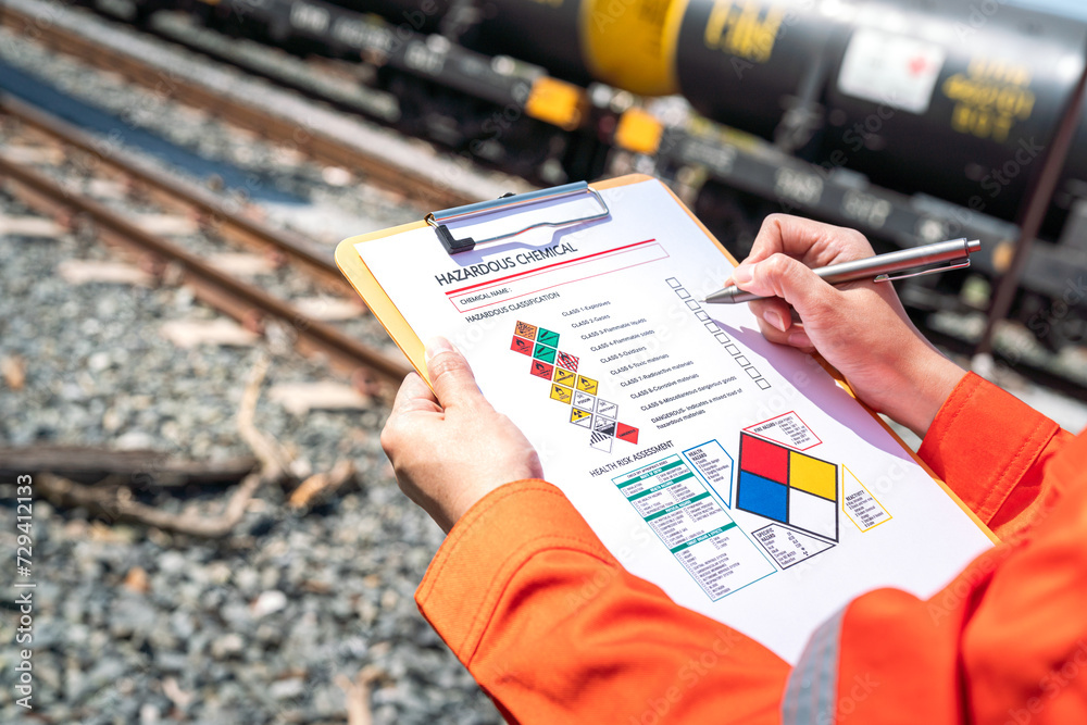Wall mural action of an engineer is checking on chemical hazardous material checklist form with background of t