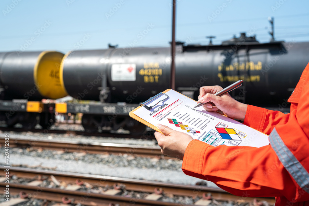 Wall mural action of an engineer is checking on chemical hazardous material checklist form with background of t