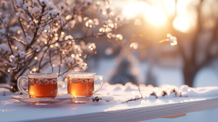 Obraz na płótnie Canvas Winter tea time outdoors with clear cups on a snow-covered table