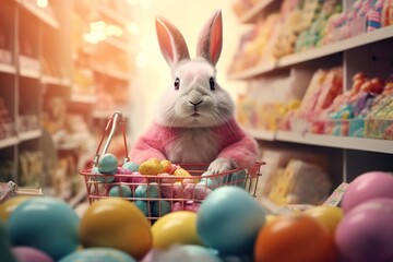 Fototapeta na wymiar Fluffy Bunny Rabbit Pushing Shopping Cart in Magical Candy Land with Easter Eggs and Candy