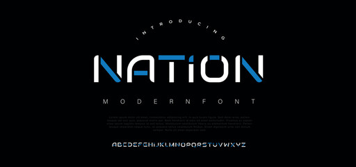 Nation modern alphabet. Dropped stunning font, type for futuristic logo, headline, creative lettering and maxi typography. Minimal style letters with yellow spot. Vector typographic design - obrazy, fototapety, plakaty