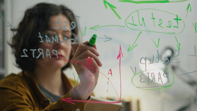 Ideas. Management consultant drawing business plan diagram on a transparent glass board in a modern office space. In slow motion, company employees are planning a business strategy in the form of map