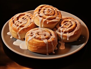 Freshly baked cinnamon rolls on rustic kitchen