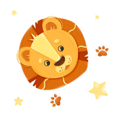 Cute watercolor lion, watercolor stars on white background for the design of baby shower party invitations, postcards. African animals. Safari. Vector illustration. 