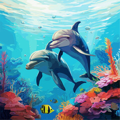 Vector drawing of dolphins under water at the coral reef with tropical fishes. Underwater world of the ocean. Algae, corals and sea anemones on the seabed.