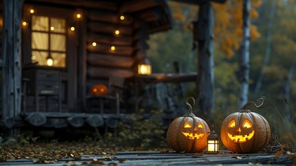Halloween ambiance with lit jack-o-lanterns decorating a rustic wooden cabin