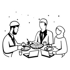 Harmony during Ramadan vector design, Ramadan and Eid al-Fitr Symbol, Islamic and fasting Sign, Arabic holidays celebration illustration, Sharing the iftar meal with colleagues at the office concept