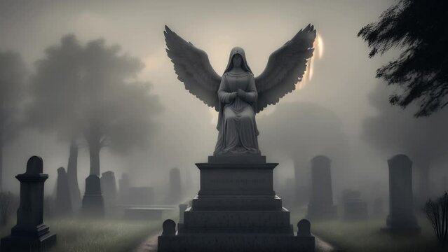 Creepy Foggy Graveyard with Angel Statues