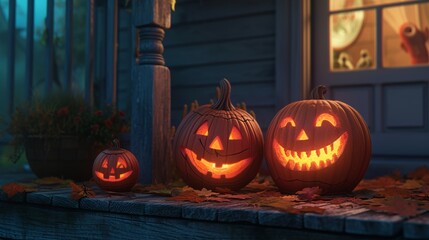 Carved pumpkins on porch in evening light, embodying the spirit of Halloween