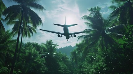 An airplane descends over lush tropical palm trees, signaling the arrival to a secluded island paradise under the bright sky. - obrazy, fototapety, plakaty