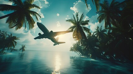 Fototapeta premium A commercial airplane flies low over a tropical landscape, silhouetted against the setting sun amidst the palm trees and ocean.