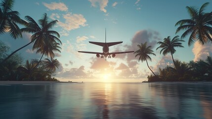 The rear view of an airplane as it approaches for landing, with the sunset sky and tropical palm trees reflected in the calm sea waters.