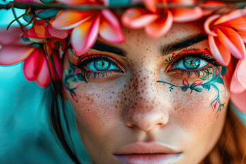 Close-up of a beautiful girl with a flower tattoo on her face