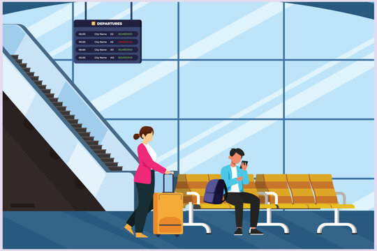 Happy people traveling at airport. Concept of passenger activities at the airport. Colored flat vector illustration isolated.	