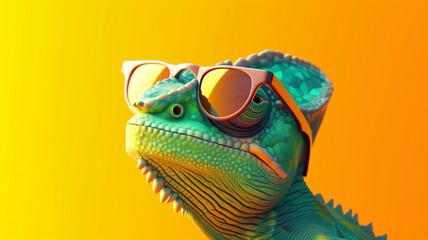 Chameleon wearing sunglasses against a solid background.