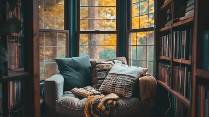 Comfortable reading corner with cushions and a throw blanket by a bookshelf