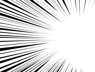 Abstract radial speed corner background. Manga style comics book hero force effect. Monochrome movement layout. Black and white dynamic speed stripes template.