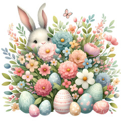 Fototapeta na wymiar Watercolor cute rabbit Easter Day Easter eggs PNG