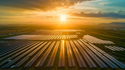 A bird's-eye view of a vast solar farm at sunset, the golden hour casting long shadows.