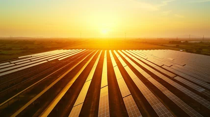 Foto op Plexiglas A bird's-eye view of a vast solar farm at sunset, the golden hour casting long shadows. © CtrlN