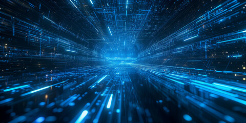 Digital cyberspace with streams of glowing blue data, resembling a futuristic cityscape at night.