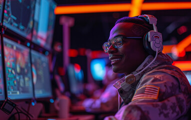 Obraz premium Multiracial Man Engaged in Video Gaming With Headphones and Glasses