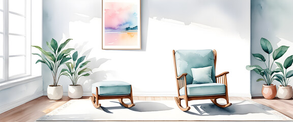 Turquoise rocking chair and footrest. A view of a cozy and well-organized living room with sunlight streaming through the window. Living room illustration in watercolor style.