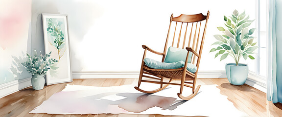 A rocking chair in a well organized interior. A cozy room with bright sunlight coming through the window. Interior illustration in watercolor style.