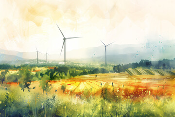 A peaceful watercolor landscape that seamlessly blends renewable energy installations such as wind turbines and solar panels with the natural environment.