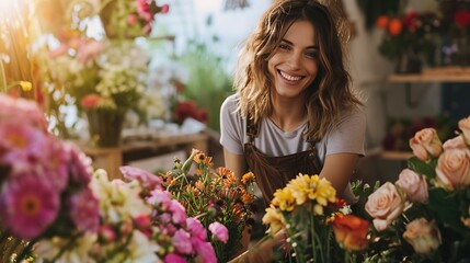 Young, beautiful girl seller in a flower store, picks a bouquet of flowers