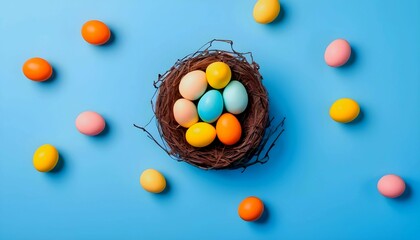 Fototapeta na wymiar Nest with colored candy eggs on blue background. Banner for website, Easter concept. created with generative ai