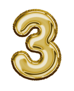 Isolated number gold foil balloon effect, number three  transparent background 