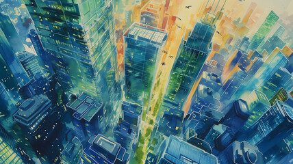 A watercolor painting of a futuristic cityscape, showcasing skyscrapers made of transparent materials.