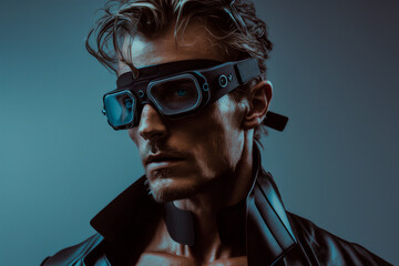 Modern guy utilizing VR glasses while exploring the future of technology in a virtual world