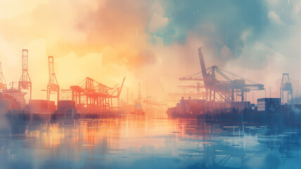 A watercolor depiction featuring a cargo ship loaded with a colorful array of containers, moored in the lively surroundings of a busy harbor port.